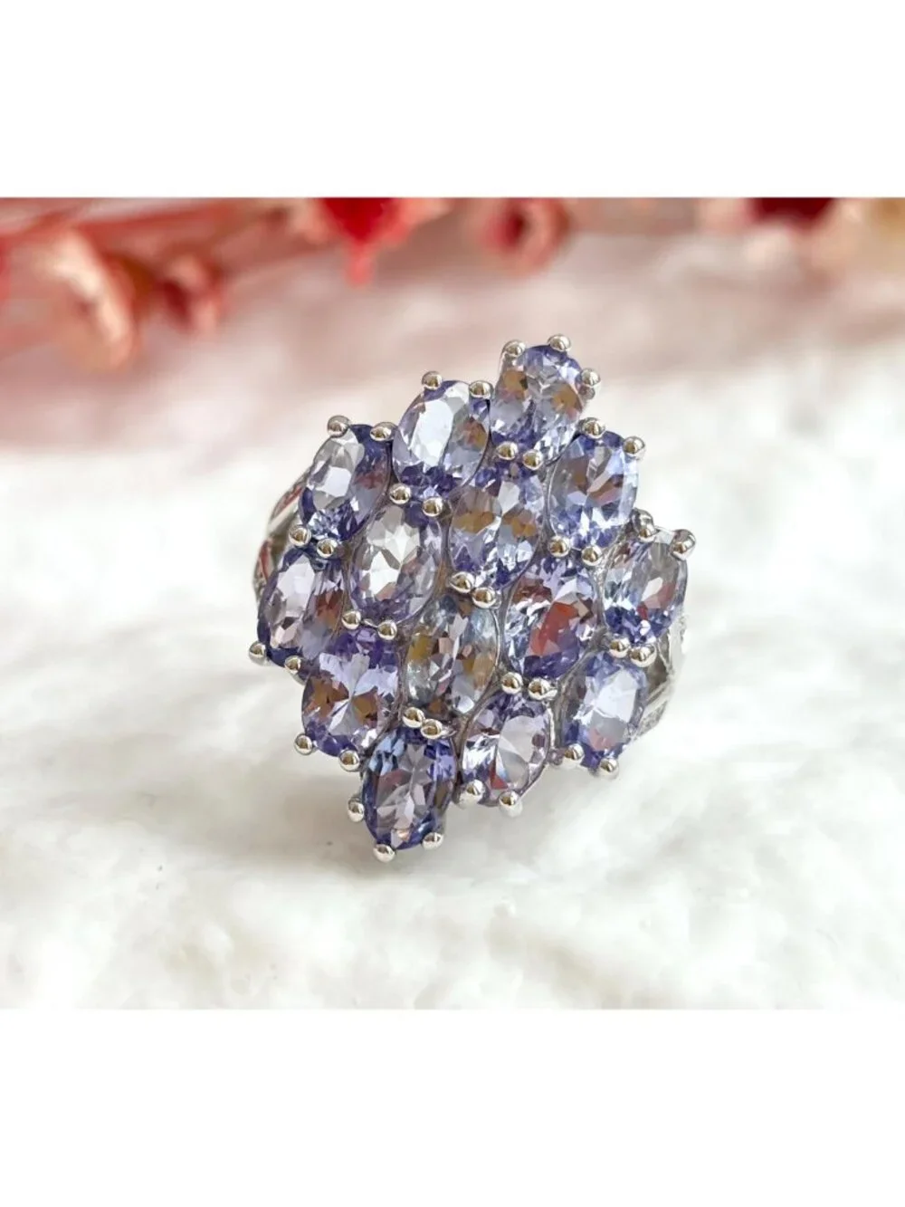 Tanzanite Gemstone Cluster Blooming Floral Sterling Silver 925 Vintage Ring sz 7